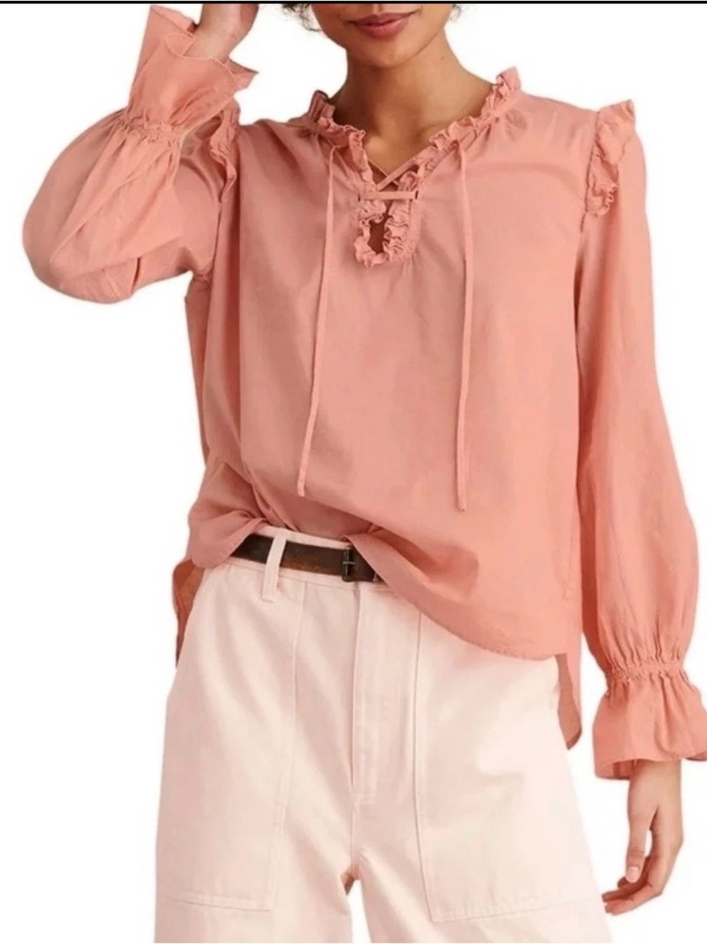 Alex Mill Top Womens Size L Coral Striped Ruffle Mock Neck Blouse 100% Cotton